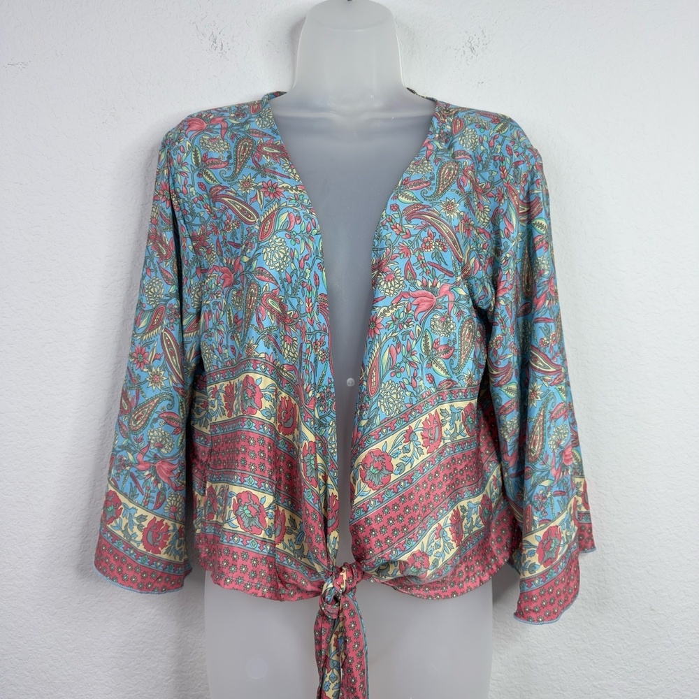 Bigg Bull Shirt Womens L Colorful Silk Floral Paisley Tie Front Crop Boho Hippie